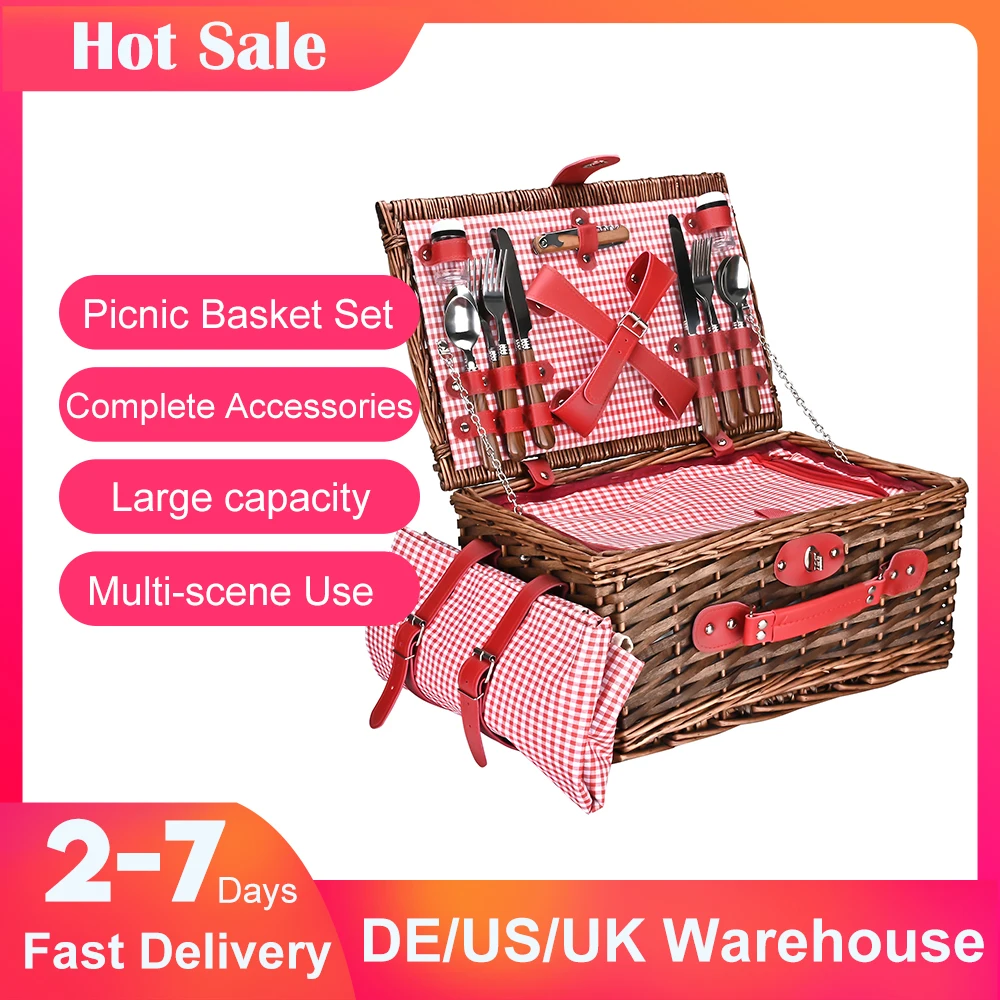 Suitable for 2/4 People Wicker Picnic Basket Outdoor Camping Lunch Box Set Ice Bag Insulation Portable Shopping Bag with Cutlery