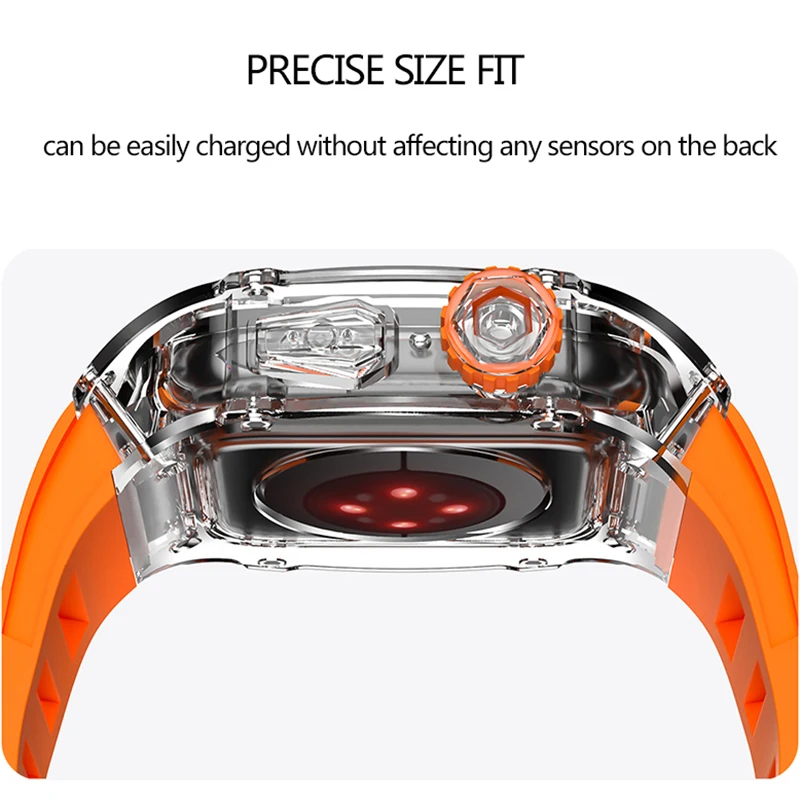New 44mm 45mm Luxury Transparent Case Fluororubber Strap For Apple Watch Series 8/7 iWatch SE 6 5 4 Sports Rubber Band Mod Kit