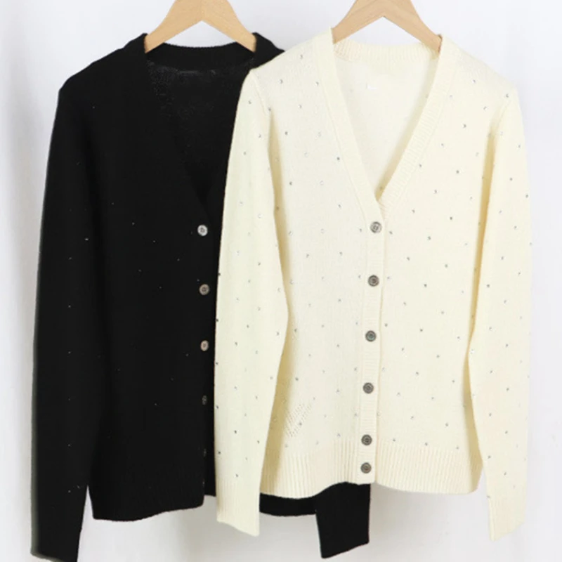 

Rhinestone Decoration Women's Knit Cardigan sweater 2022 new V-neck Long Sleeve Single Breasted Female knitwear Sweater