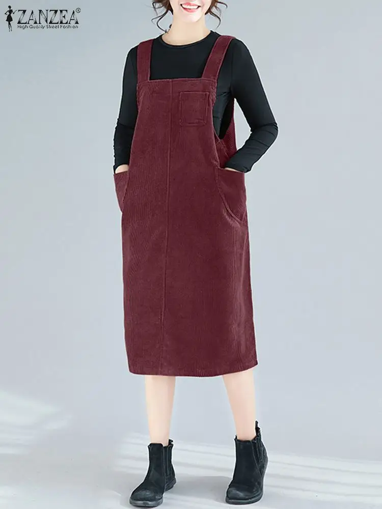 

ZANZEA 2022 Women Straps Corduroy Overalls Dress Autumn Winter Solid Sleeveless Midi Suspenders Vestidos Stylish Sundress Robe