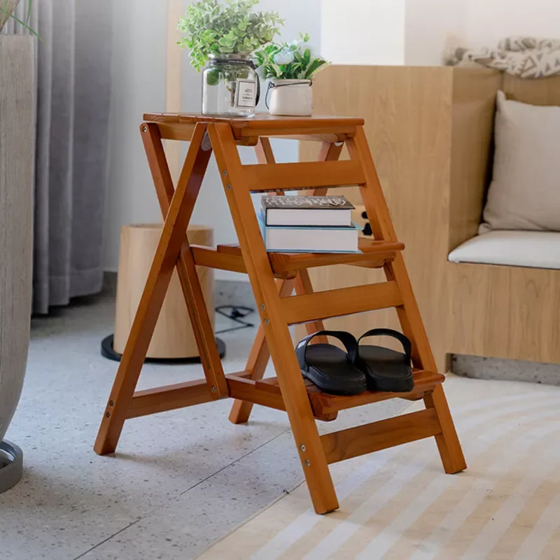 

Solid Wood High Kitchen Folding Stool Household 3 Steps Stool Dual-use Multifunctional Step Stool Ladder Balcony Rack