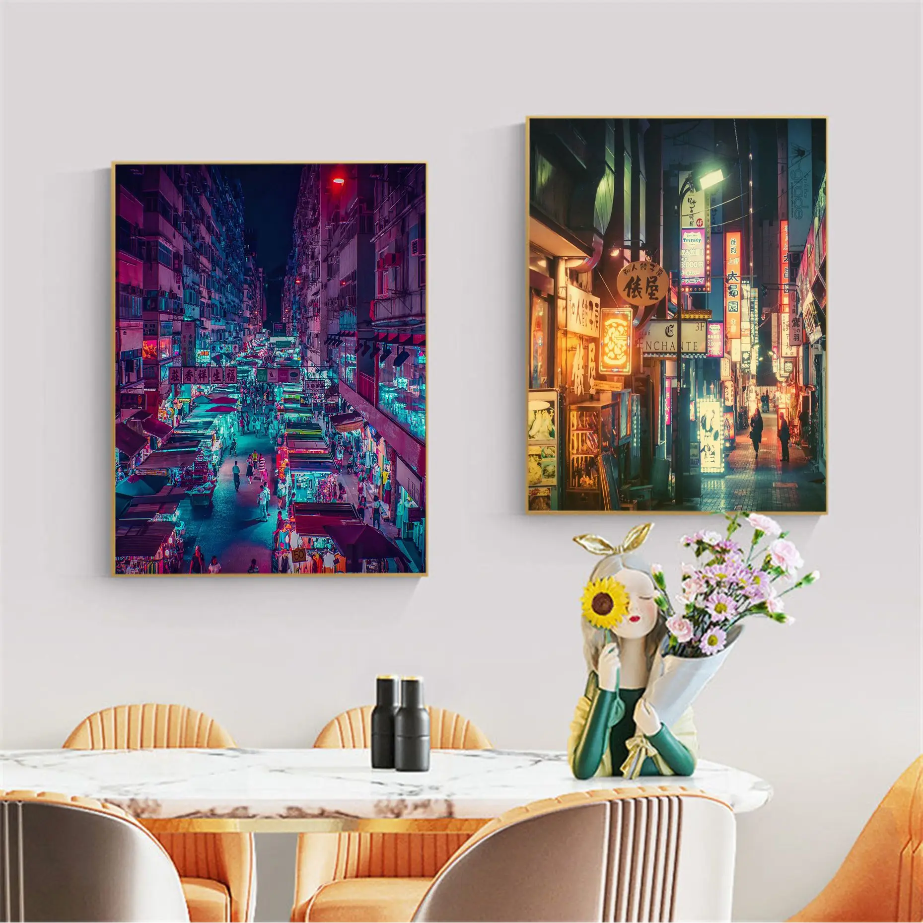 Neon City Night Street Self-adhesive Art Poster Fancy Wall Sticker For Living Room Bar Decoration Stickers Wall Painting