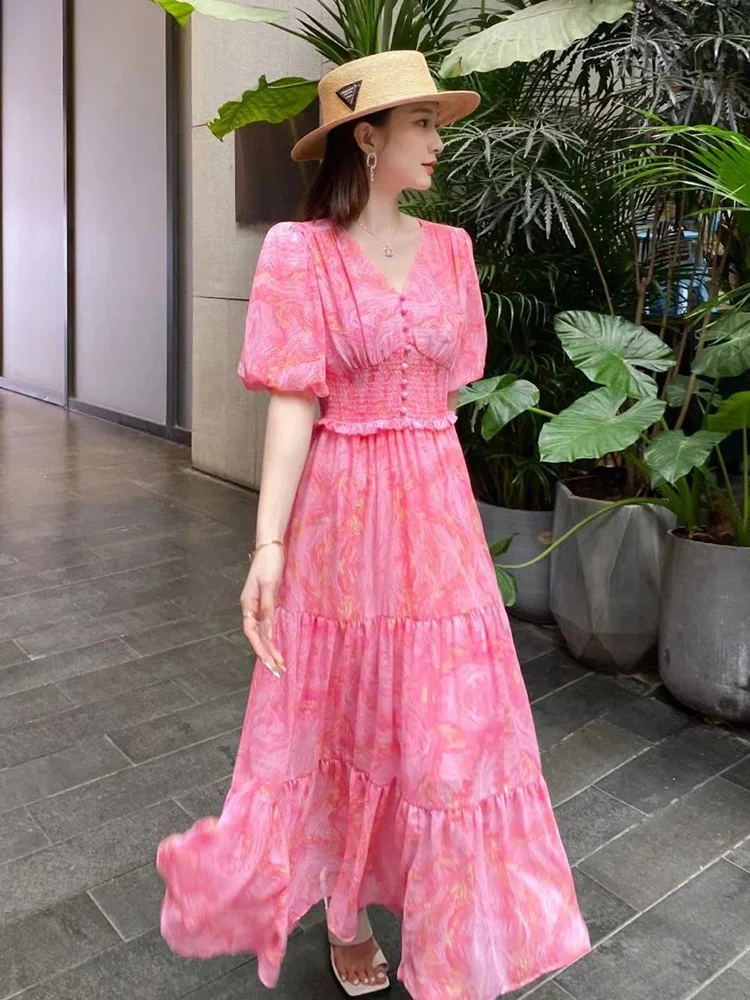 Beach Vacation Super Immortal Long Dress with High Quality and Elegant Fragrance, French Tea Break, Pink Halo Dye Dress, Summer