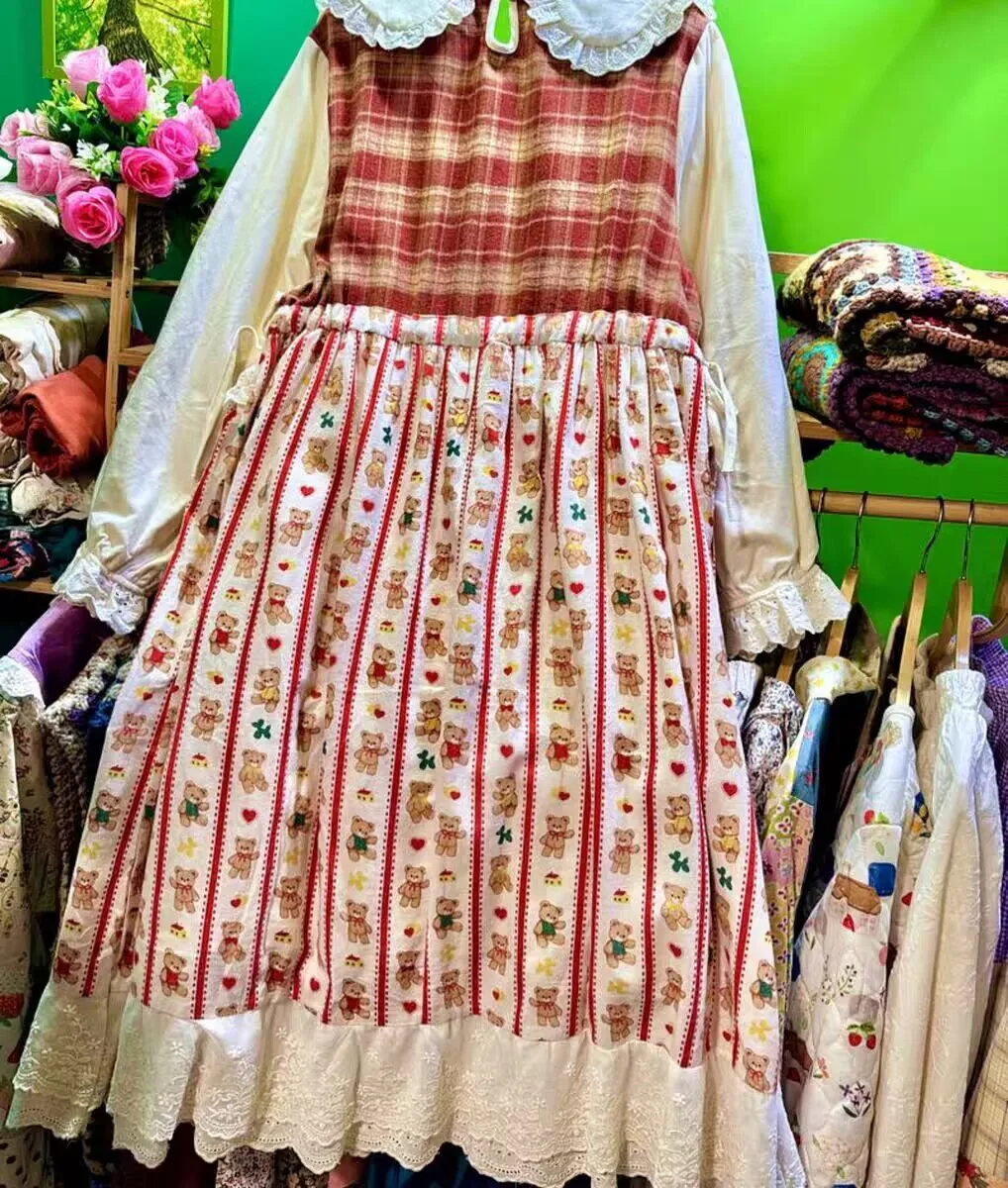Фото Женское флисовое платье с кружевными вставками в стиле Mori Girl, Harajuku, Cottagecore, Goblincore, Shabby Chic, Kawaii, Lolita, вельветовое платье №3