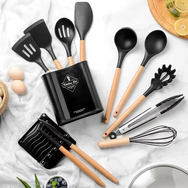 

2023 Silicone Cooking Utensils Set Non-Stick Spatula Shovel Wooden Handle Cooking Tools Set With Storage Box Kitchen Tool Access