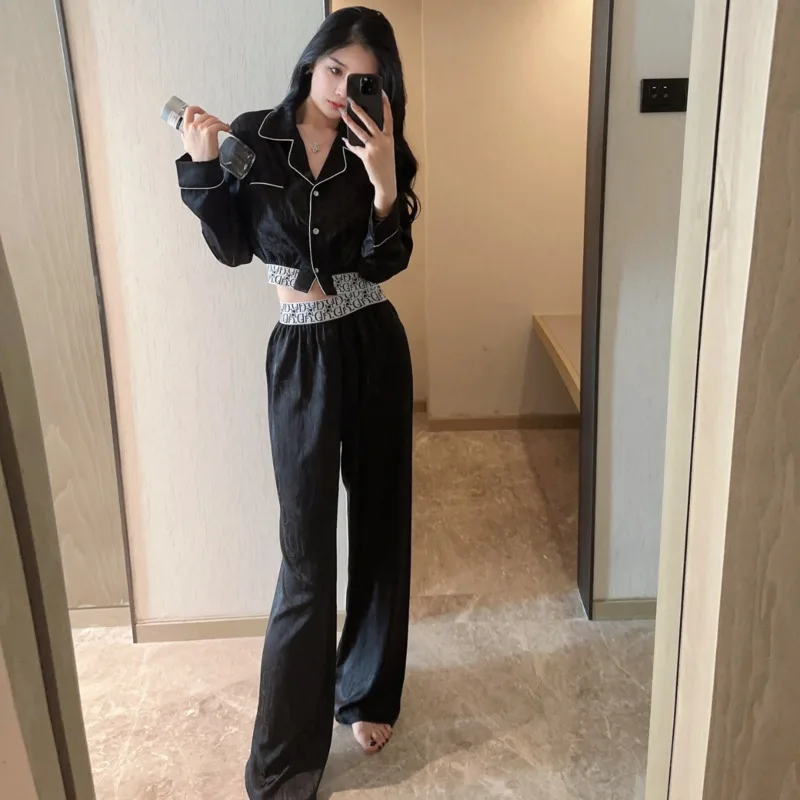 Осень 2024 ледяной шелк с длинным рукавом и пупком повседневный модный домашний