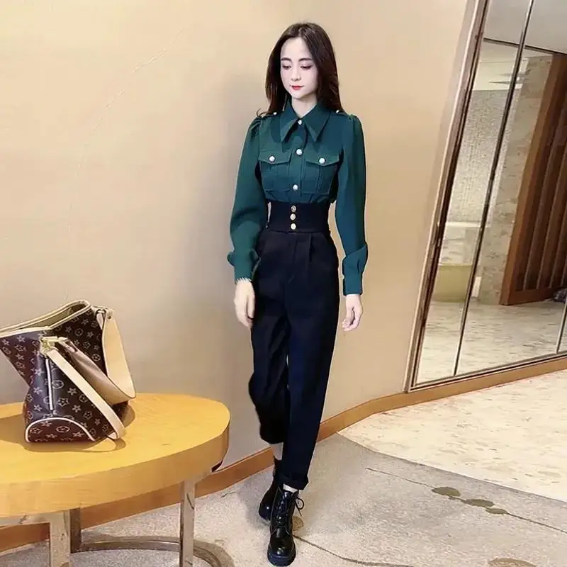 

Women's Office Ladies Spring Autumn New Fashion Long Sleeve Shirt and Pant Suits Female Korean Solid Patchwork 2 Piece Sets Q06