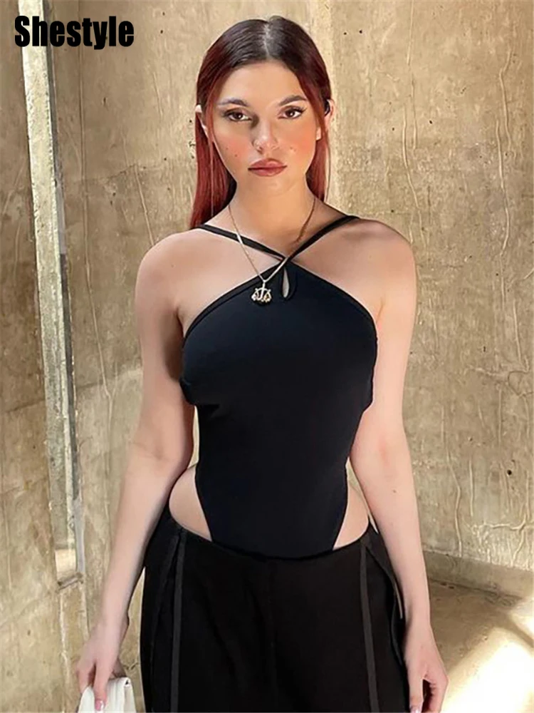 

Shestyle Halter Backless Bandage Bodysuits Women Sleeveless Summer 2022 Fashion Army Green Sexy Thong Solid Body Clothes Cute