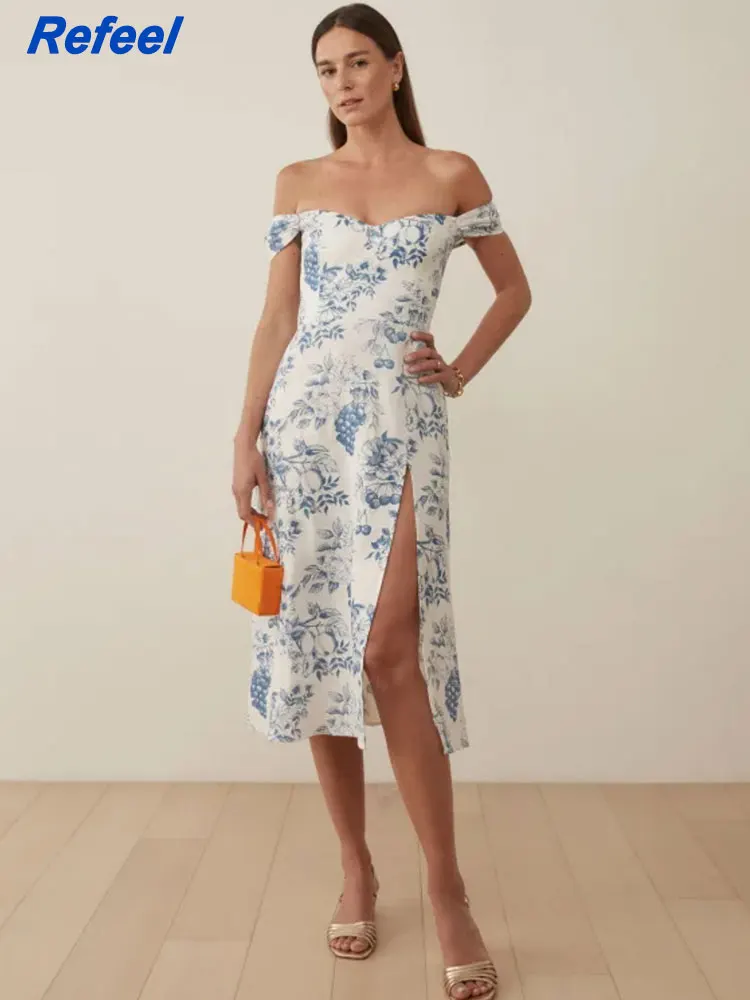 

Summer women midi dress slim elastic floral print strapless holiday sleeveless party long split dress 2022519