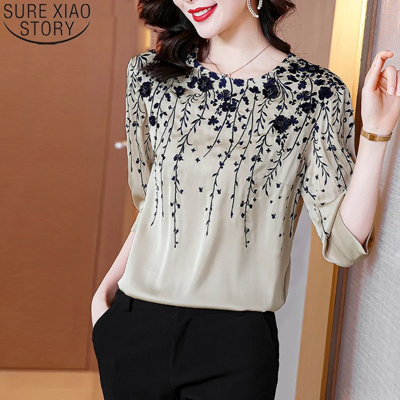 

Casual Loose Elegante Satin Clothes Women Vintage Print Blouses Round Neck Shirts Half Sleeve Spring Summer Tops Blusas 19180