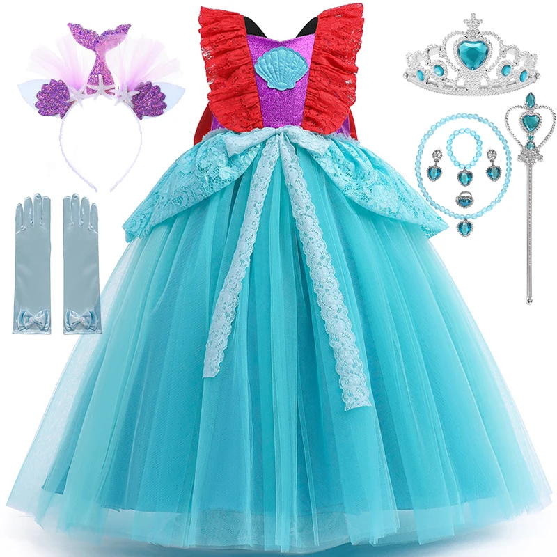 

Disney Girls Ariel Princess Dress Halloween Party Little Mermaid Cosplay Costume for Kids Bow Lace Backless Children Clothing