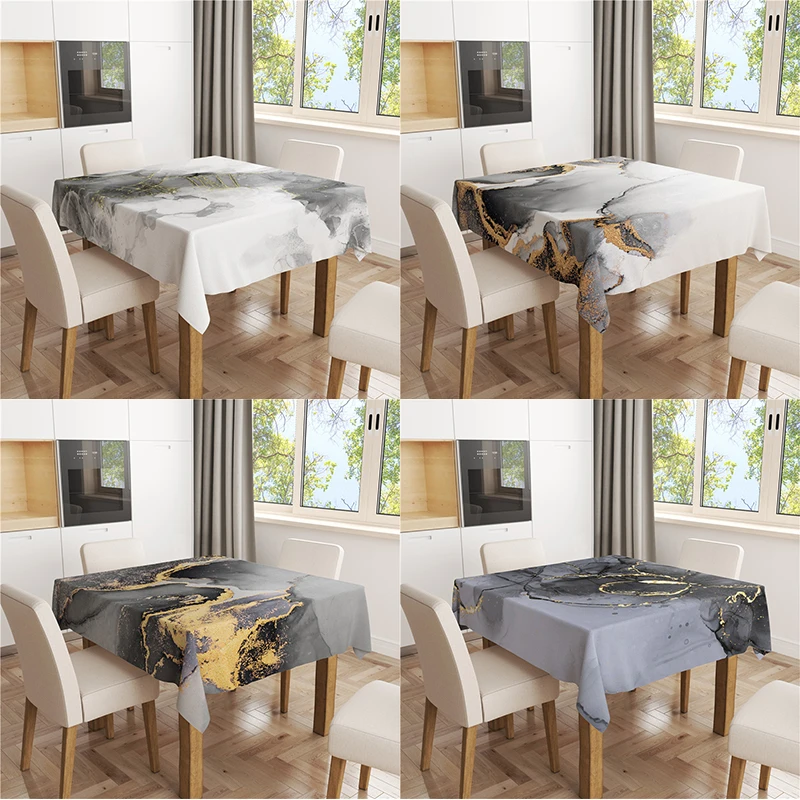 

Black Grey Flow Gold Design Flax Tablecloth Table Dustproof Cover Heat Resistant Kitchen Dining Room Decoration Multiple Sizes