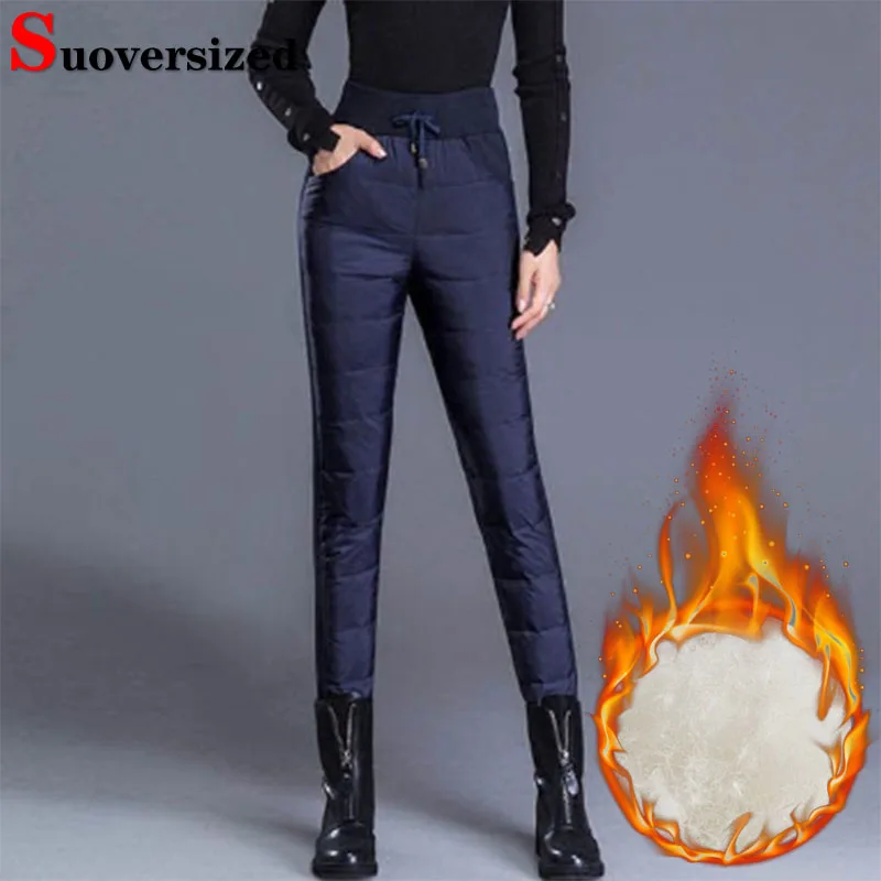 

Skinny Winter Pencil Women Warm Trousers Big Size 95kg Hight Waist Duck Down Cotton Pants Casual Slim Thicken Lace-up Pantalones