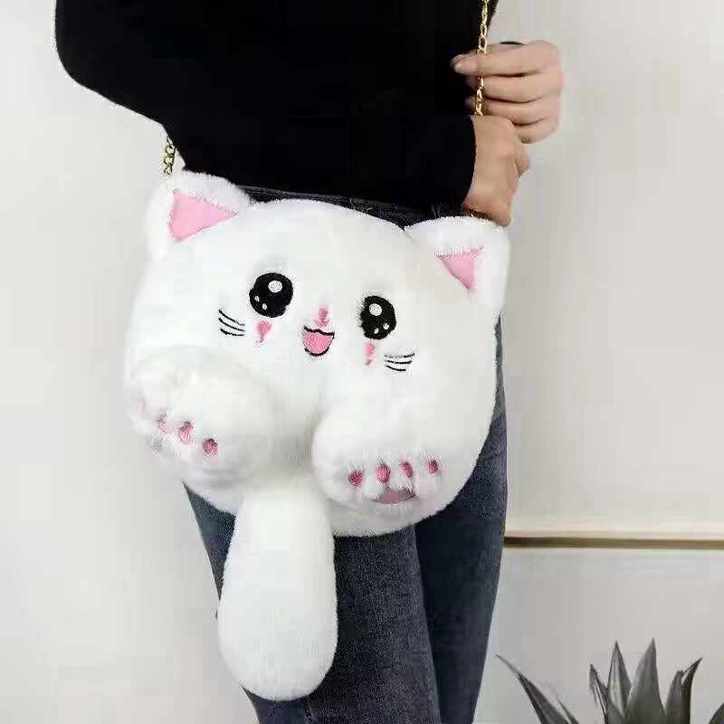 Cartoon Student Chain Crossbody Bag Girl Cute Animal Cat Plush Shoulder Bag Fashion  Mobile Phone Bag Female Purse