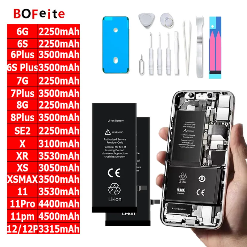 

100% New Original Phone Battery For iPhone 6 6s 6p 6sp 7 7p 8 Plus x xr xs Max 11 12 13 Pro High Capacity Bateria