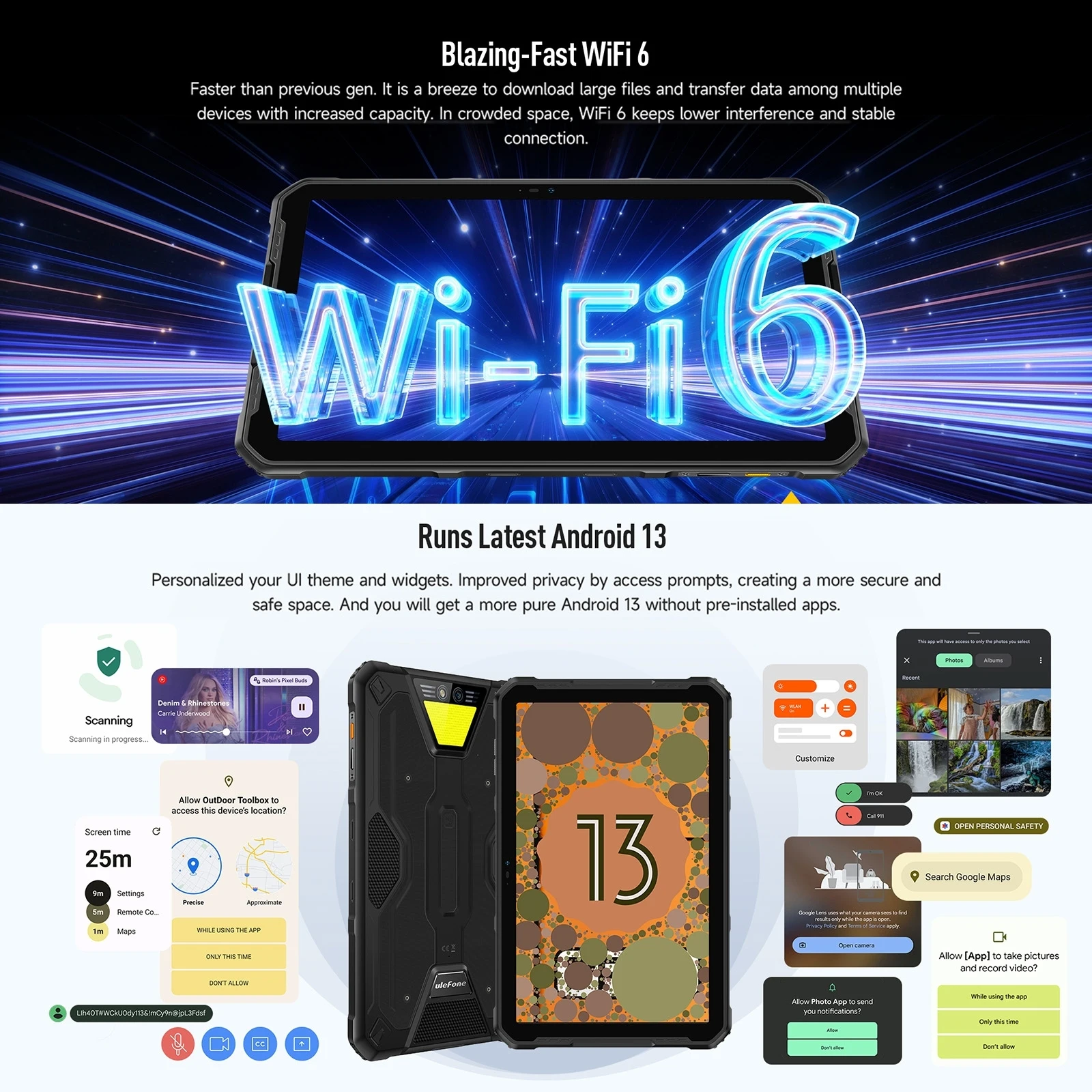 Фото Ulefone Armor Pad 2 — защищенный планшет на Android 13, до 16 ГБ+256 ГБ, IP68/IP69K, MediaTek Helio G99, 11 дюймов, 2K, 18600 мАч, NFC №5