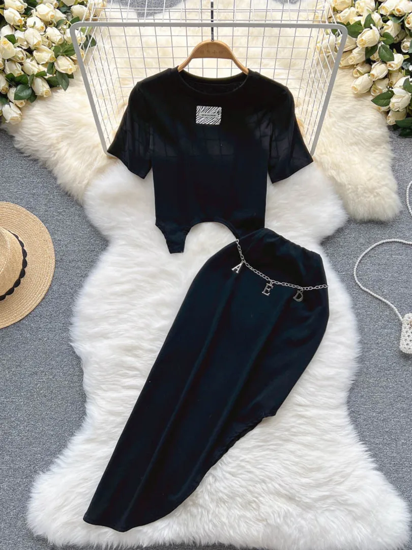 

Foamlina Women Two Piece Set Casual Streetwear Summer Fashion O-neck Short Sleeve CropTop + Elastic Waist Irregular Skirt Suits
