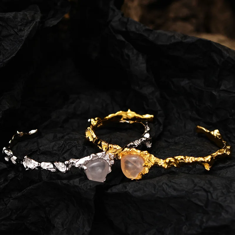 

Youth of Vigor Solid 925 Silver Crumpled Texture Band Agate Heart 18K Gold Tone Open Bangle Statement Bracelet Y1S2B21050