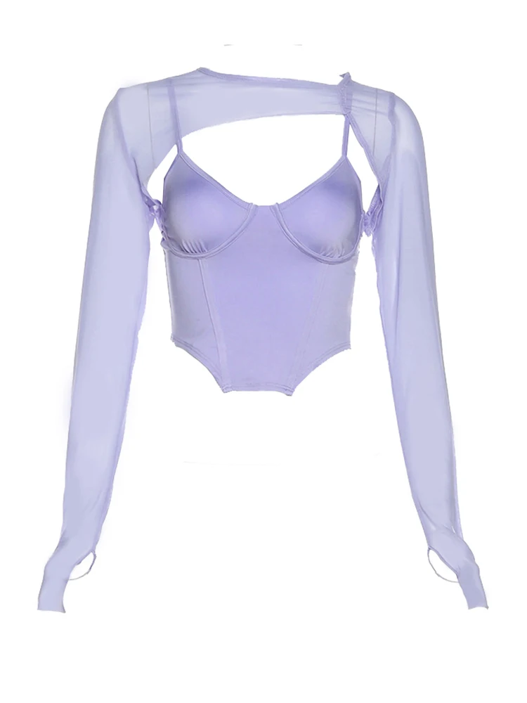 

SVOKOR сексуальный женский укороченный топ, Сетчатая футболка, открытые Прозрачные топы с длинными рукавами, Фиолетовый корсет, жилет, модные ...