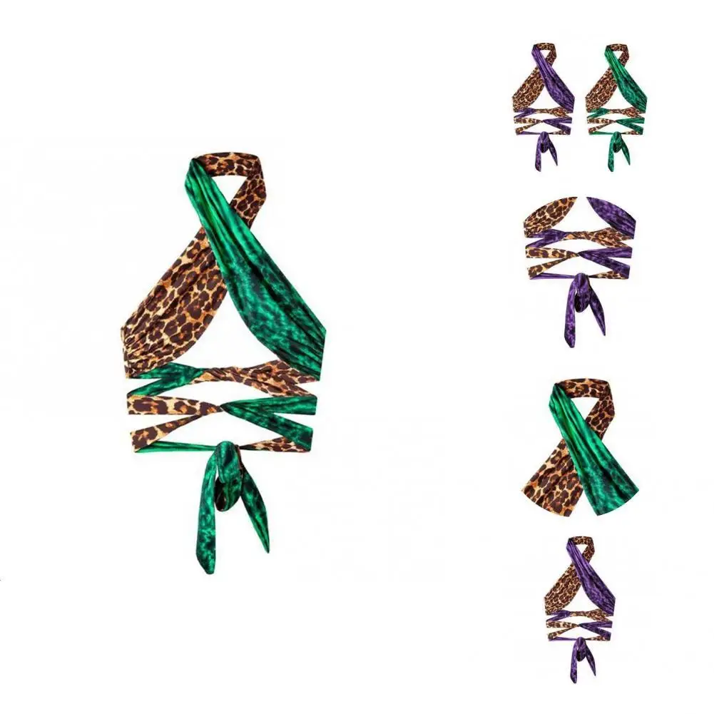 

Skinny Breathable Leopard Patchwork Print Bra High Waist Briefs Swimsuit for Spa