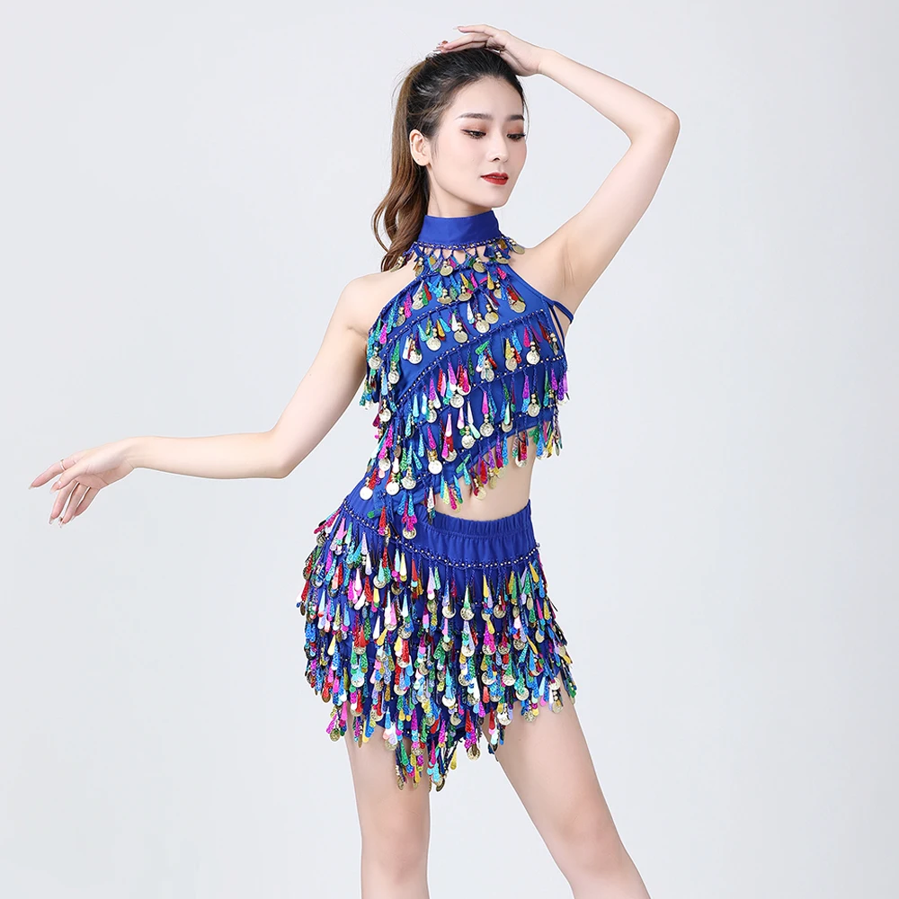 

Dance Dress Belly Dance Latin Dance Suit Sequins Half Skirt Costume Stage Performance Color Tassel Wear Dress Sequins 3pcs Set