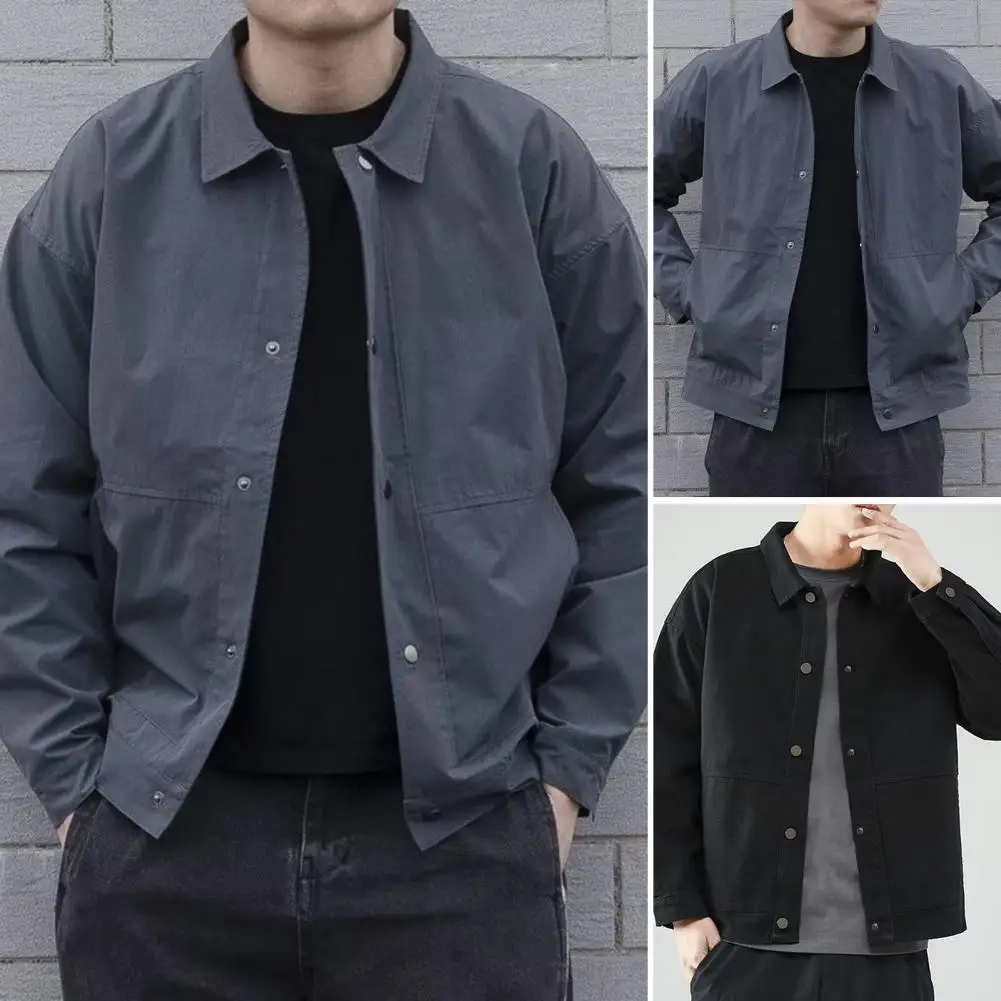 

Autumn Winter Men Cargo Coat Solid Color Turndown Collar Windproof Korean Style Relaxed Fit Jacket for Working