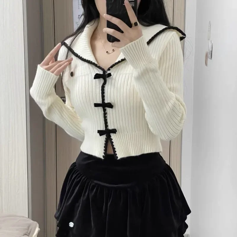 

bow crop Cardigan Lolita y2k sweater sweet Single Breasted V-Neck pink sweater coat kawaii Knitted Tops Jumpers sueter mujer