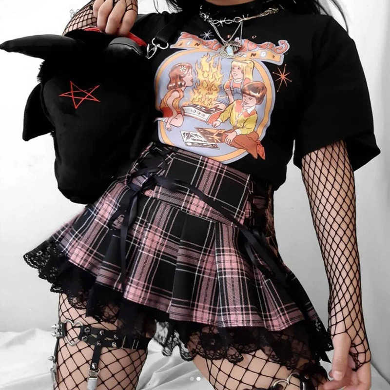 High Waist Mini Goth Emo Skirts Woman Y2K Aesthetic Vintage Lace Patchwork Plaid Skirt Gothic Dark Tie Up Pleated Skirt