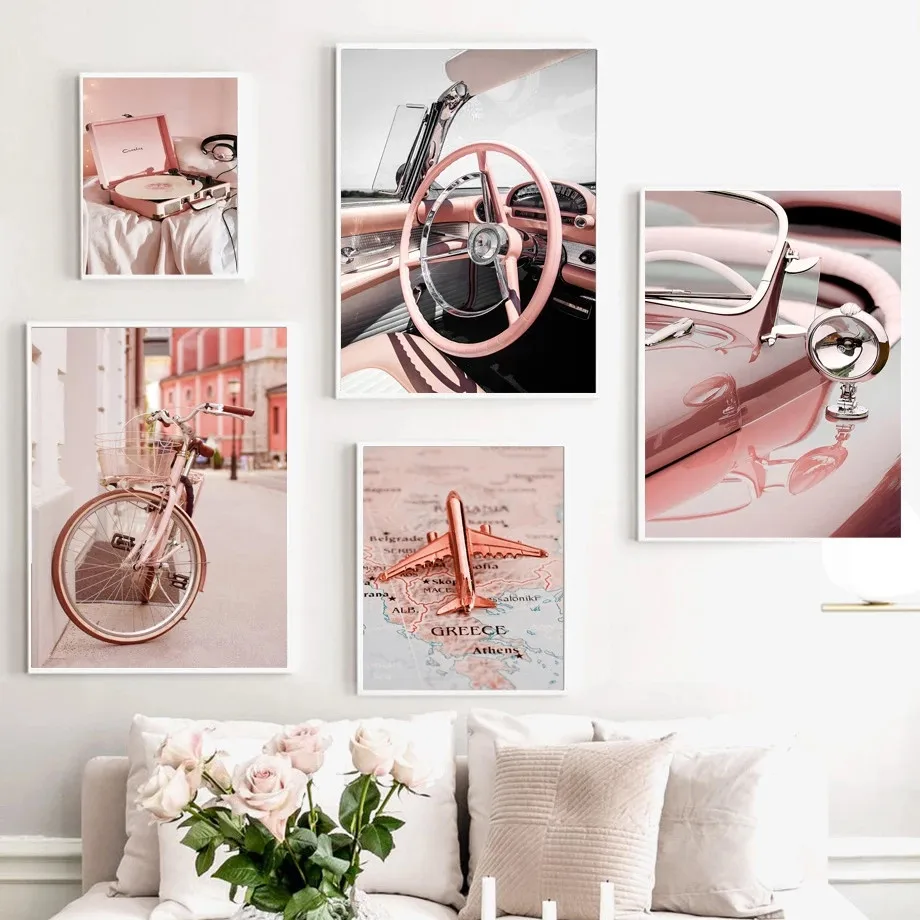 

Canvas Painting Pink Vintage Typewriter Bike Car Goblet Nordic Posters and Prints Pictures for Living Room Decor Unframe