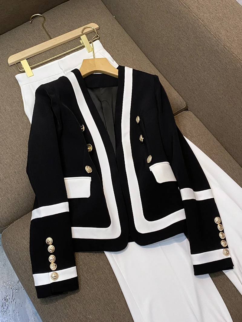 

N модная красивая куртка для девушек металлический двубортный черный и белый контрастные цвета Модный тонкий высококачественный костюм O45