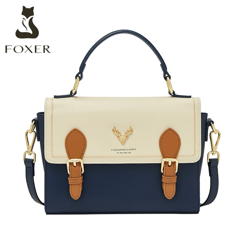 FOXER New Split Leather Women Satchels Medium Handbag Large Capacity Shoulder Crossbody Bags Female Commute Flap Messenger Totes