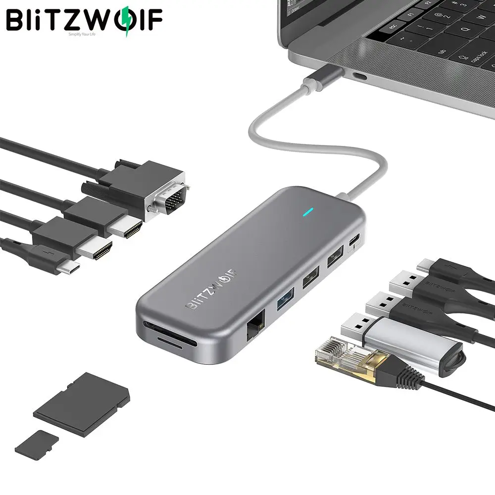 

BlitzWolf BW-TH11 11-in-1 USB-C Data Hub with Dual 4K@30Hz HDMI-compatible VGA RJ45 Card Reader USB 3.0 Type C PD Fast Charging