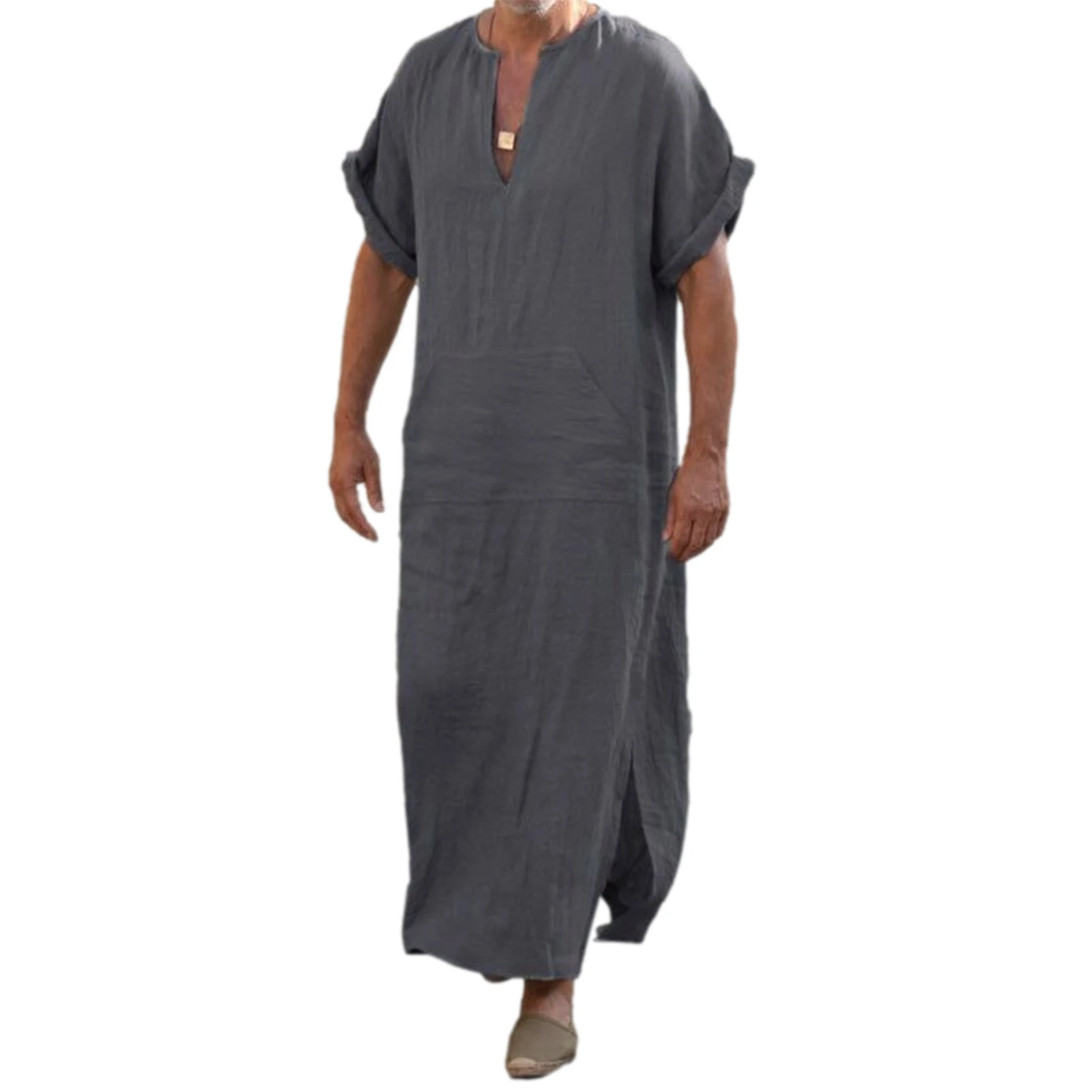 

Men's Linen Robe V-Neck Long Dress Nightgown Pajamas Short Sleeve Robes Sleepwear With Pockets