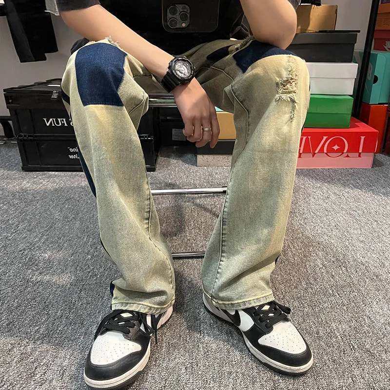 Ripped Patch Baggy Jeans Men's Fashion Retro Casual Straight Jeans Men Streetwear Loose Hip Hop Hole Denim Pants Mens Trousers