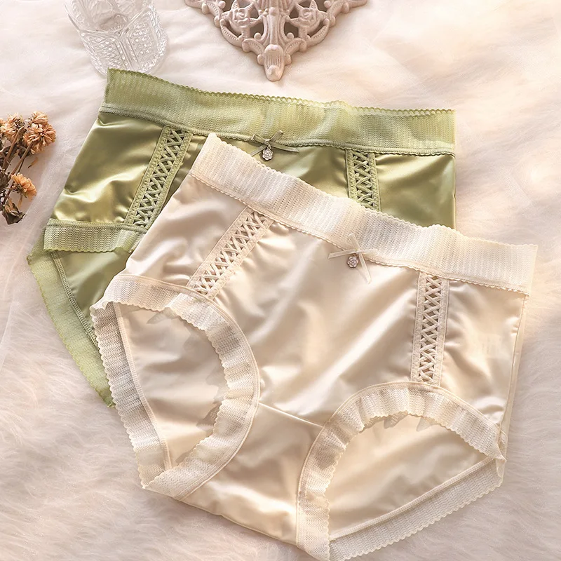 3pcs/lots Women Silk Briefs Sexy Lace Elegant Panties Hollow Out High-waist Female Shorts Soft Solid Color Breathable Underwear