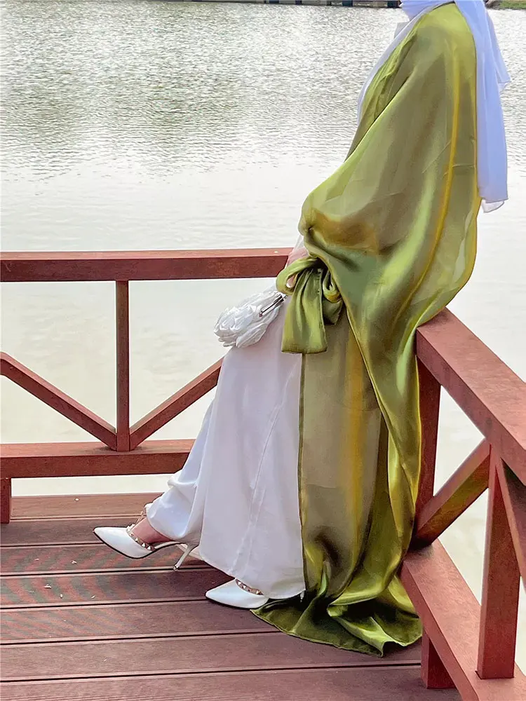 Блестящее кимоно Eid Open Abaya для женщин Летнее Длинное платье из органзы с пышными