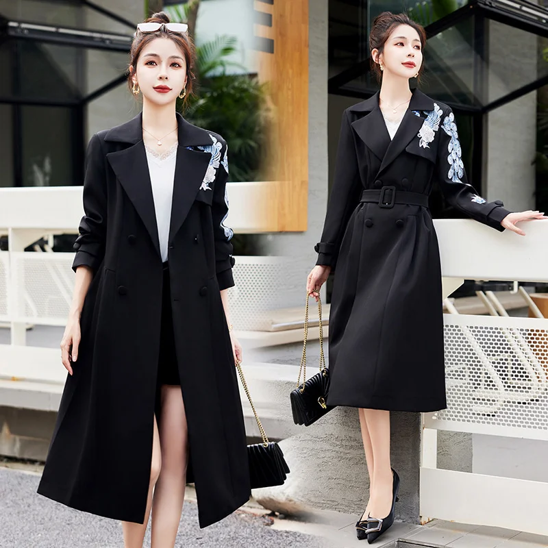 

This Year Popular Trench Coat Outwear Women Mid Length 2023 Spring Autumn New Fashion High-end Embroidery Shows Thin Waist Coat