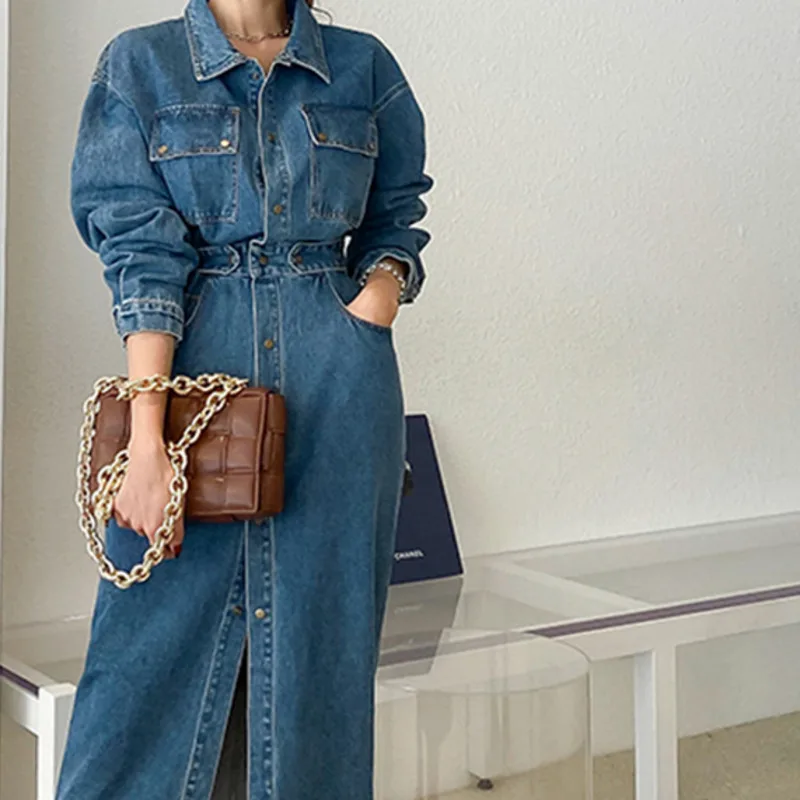

Kio Fashion Chic Lapel Women Denim Dress Full Sleeve Single-breasted Pockets Slim Waist Mid-length Female Jeans Dress 2022
