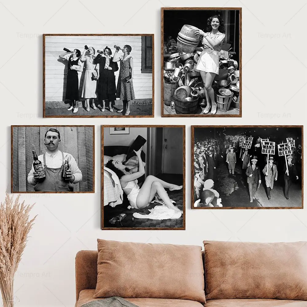 

Vintage Flapper Girls Drinking Poster Retro Beer Wine Black and White Canvas Painting Wall Art Pictures Living Room Home Decor
