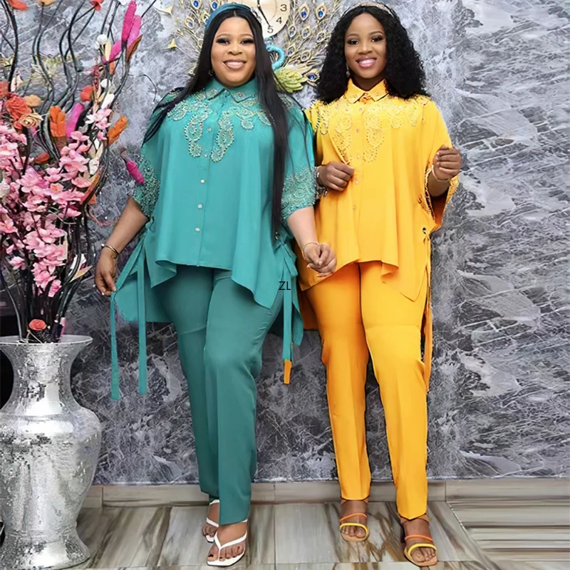 2 Two Piece Set Diamonds Three Quarters Sleeve Blouse Tops And Pant Suits Summer Autumn Women Set Sheath Matching Fashion Outfit