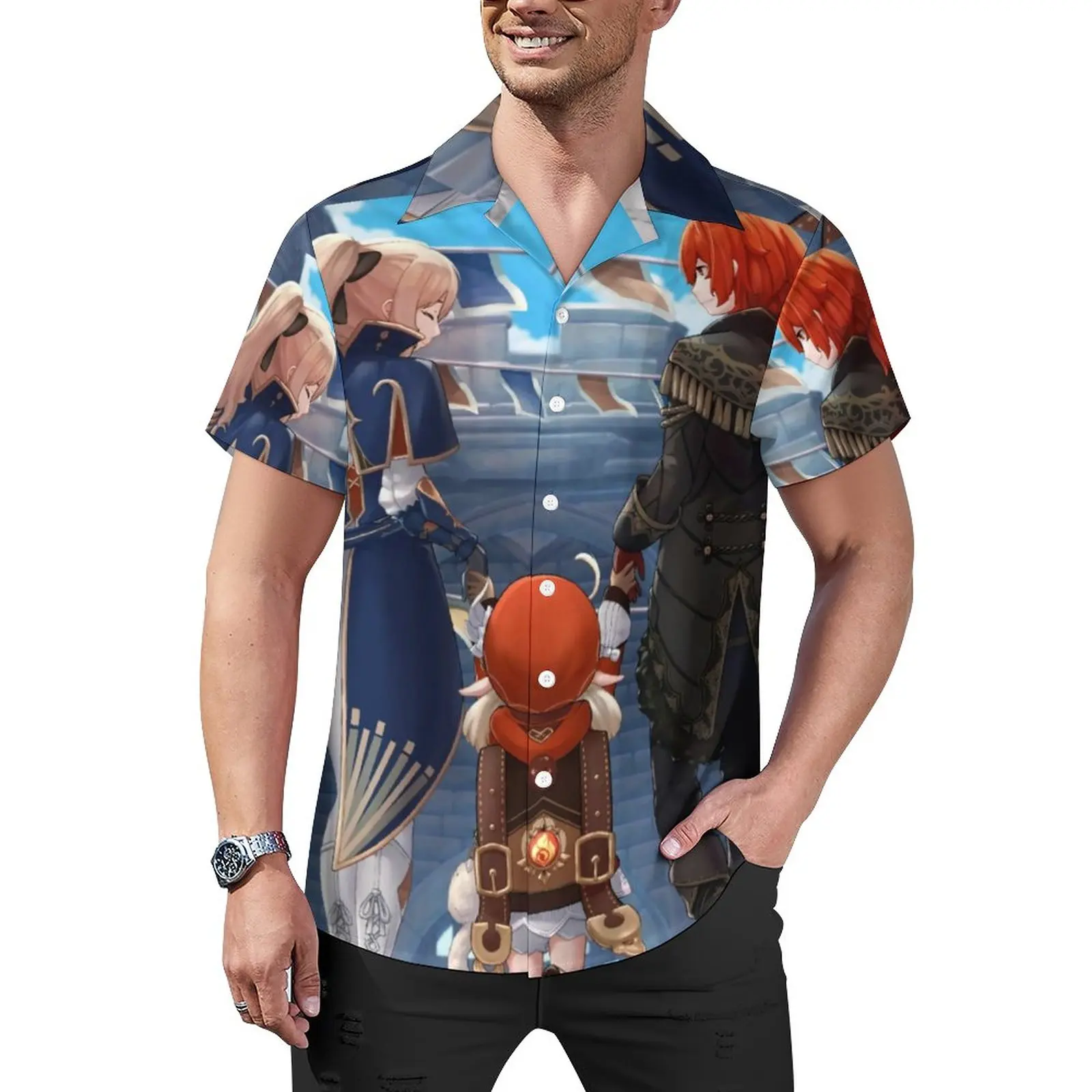 

Genshin Print Casual Shirt Japanese Anime Beach Loose Shirt Summer Cool Blouses Short-Sleeved Graphic Oversize Clothing