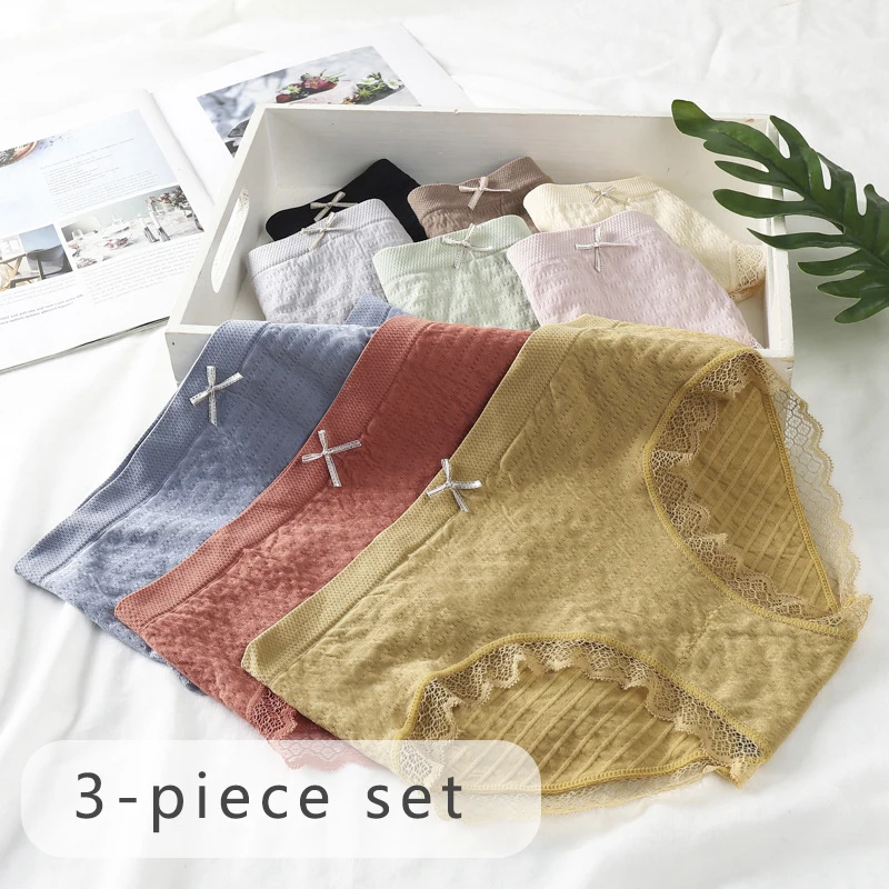 

3pcs Women seamless oxygen mid-waist high-stretch panties fashion lace cotton file sexy panties girls soft triangle