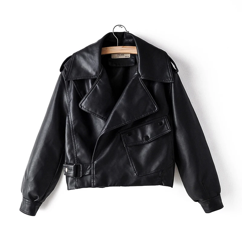 Women's Lapel Pocket Short Wash Faux Leather Jacket Zipper Motorcycle Red Leather Jacket Women's Casual Black PU Leather Jacket