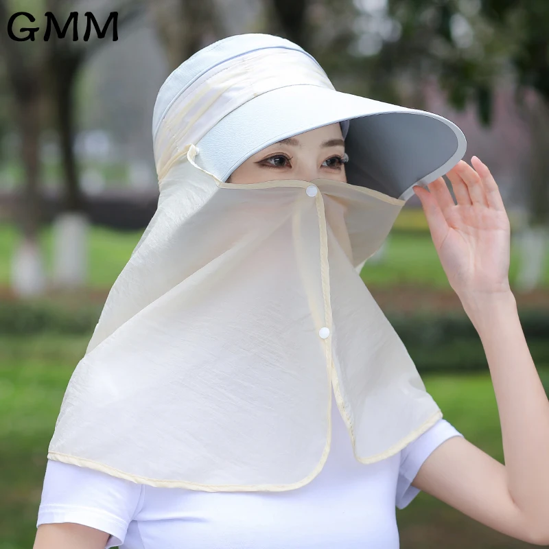 

Summer Protective Face Mask Neck Cover Women Sun Visor Cap Anti-UV Wide Brim Shawl Sunscreen Hat Outdoor UPF 50 Removable SunHat