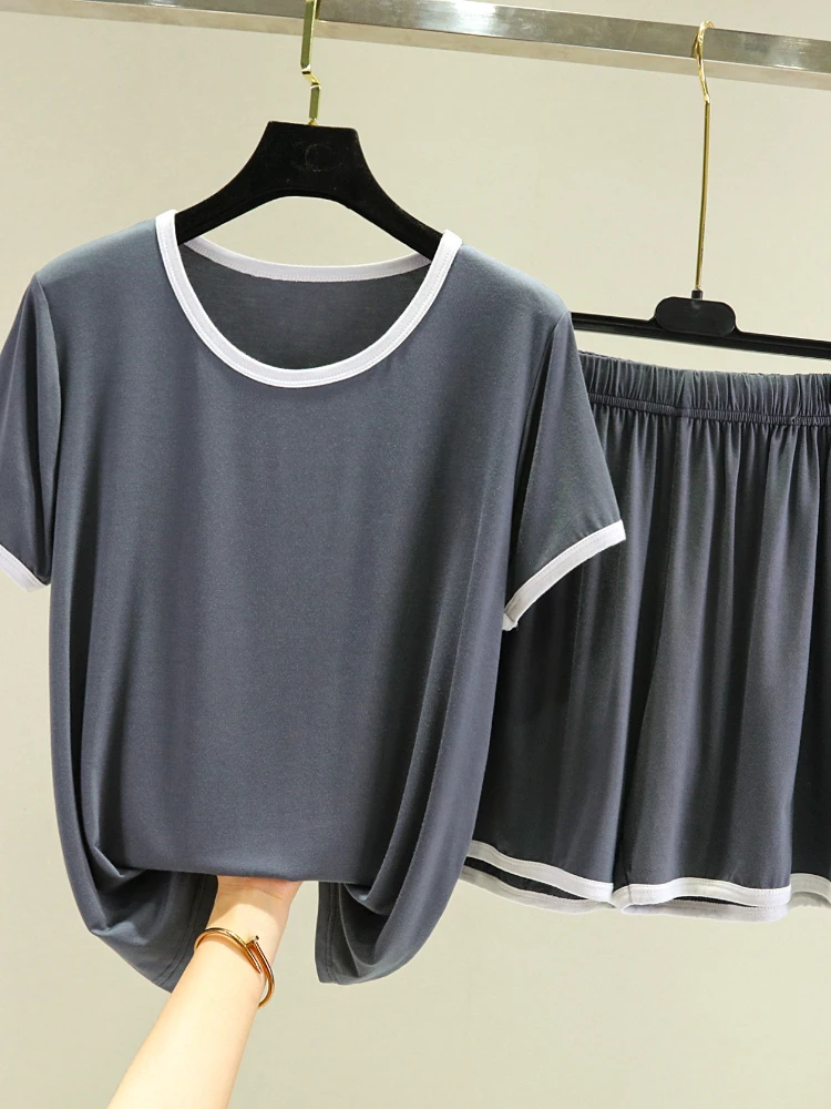 

2022 Summer Modal Pajama Suit Women's Thin Home Loose Short Sleeve T-Shirt Large Shirt Shorts Two Piece Set Pleats Top