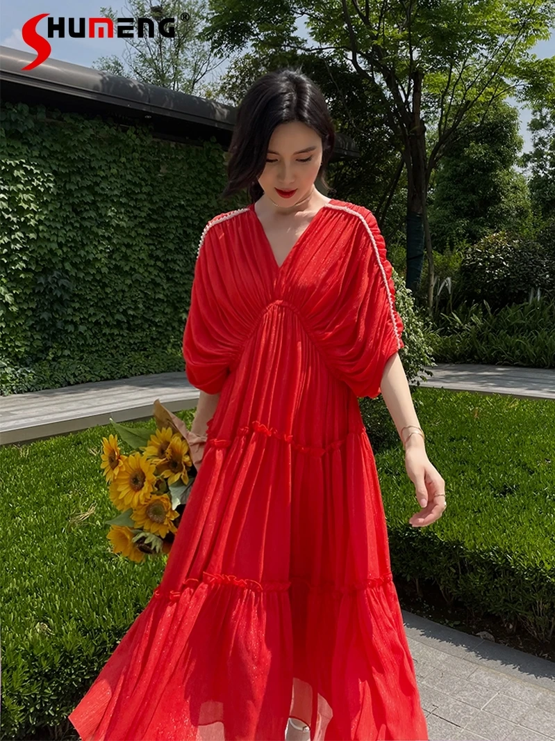 Summer French Stunning Pleating Thin Glittering Red Dresses Woman V-neck Elastic Waist Short Sleeve A- Line Large Hem Dress 2022