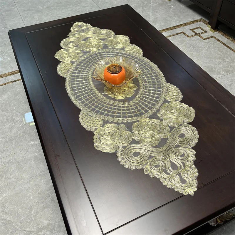 

New Classic Gold Line 3D Embroidery Ellipse Tablecloth Table Mat Set Living Room Bedroom TV Wall Cabinet Dust-proof Decoration