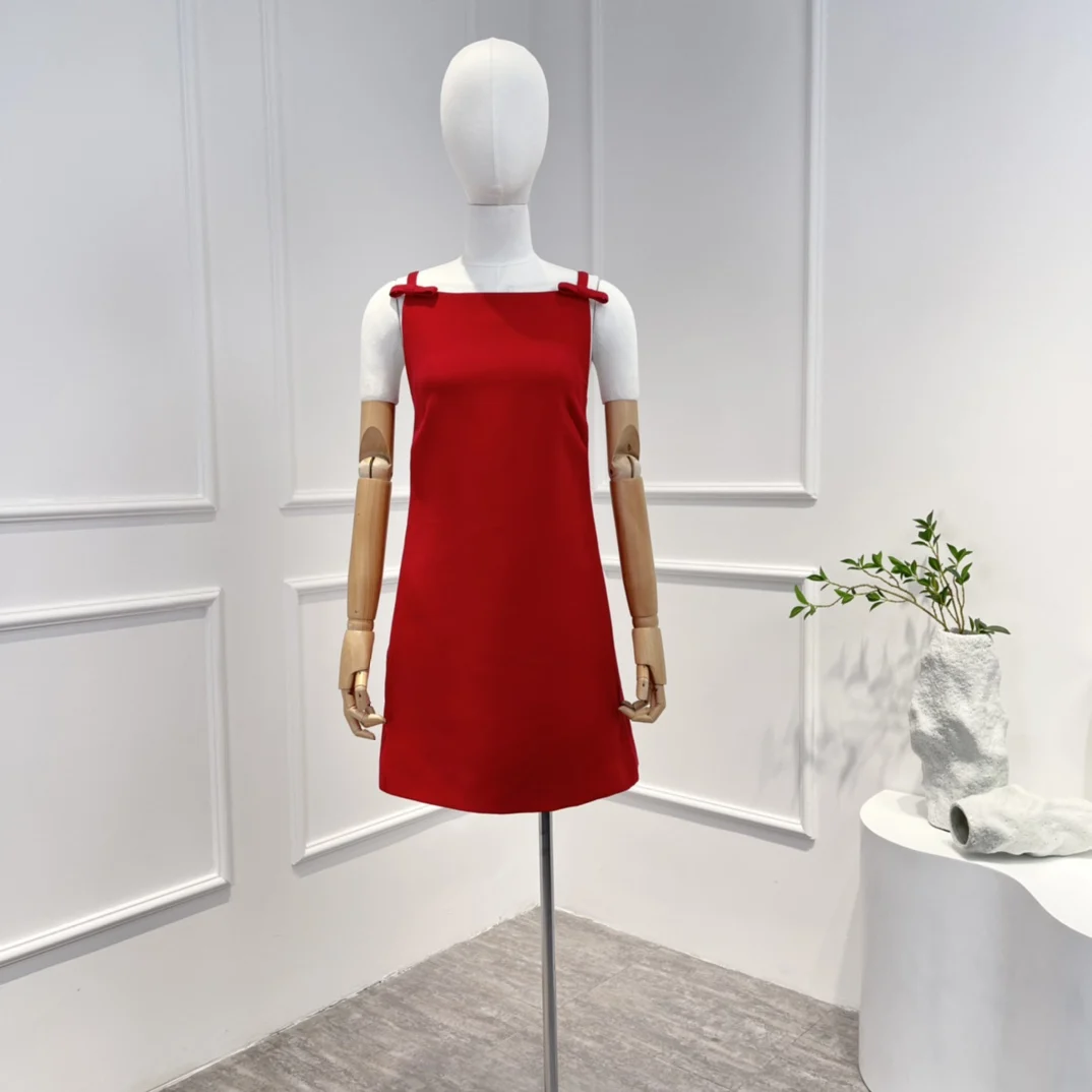 

Silk Wool Straight Mini Red Dress Lady 2023 Spring Summer High Quality Elegant Women Clothing for Dating