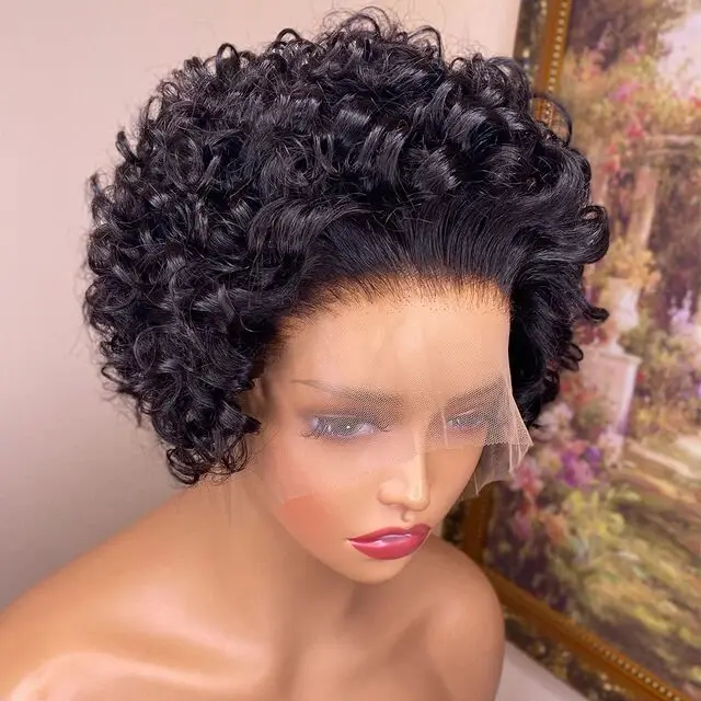 

Cheap Brazilian Remy Pixie Short Cut Bob Human Hair Kinky Curly 13x1Lace Front Wig For Black Women Babyhair Preplucked Daily