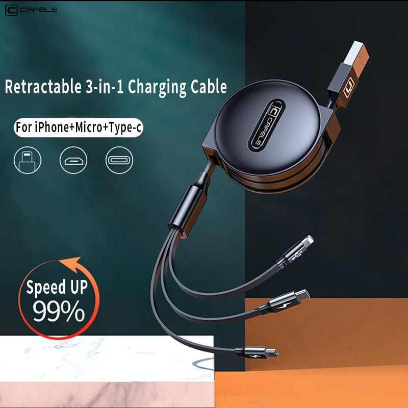 

Cafele 3 in 1 Retractable USB Cable for iPhone 14 Micro USB Type C Flat Cable Fast Charging for iPhone Cable+ Micro USB+Type-C